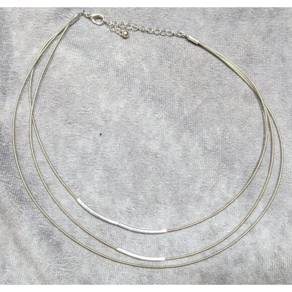 Modern Layered Silver Tone Coil Wire Necklace With Tube Bead Accents - Picture 6 of 6